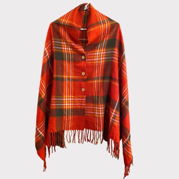 Red Plaid Button Shawl Scarf - Picture 1 of 6